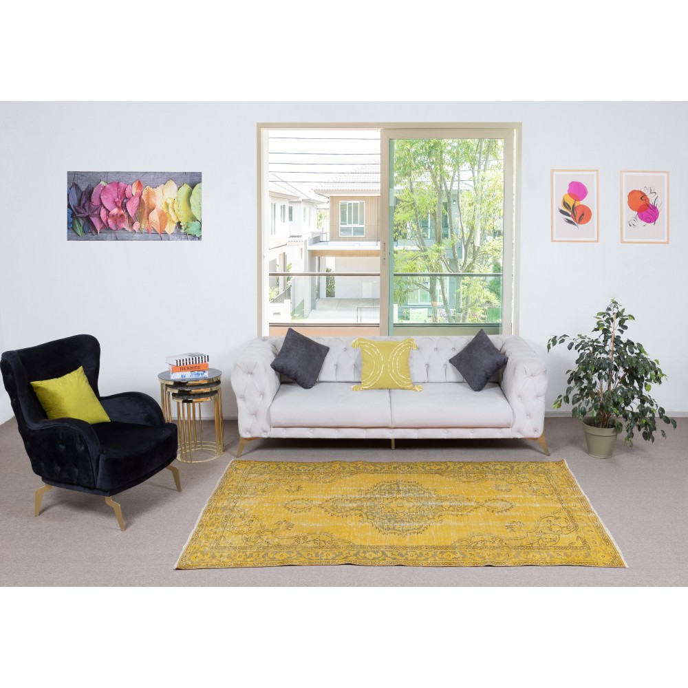 Yellow Overdyed Vintage Turkish Area Rug. Hand-Knotted Wool Carpet for Modern Interiors