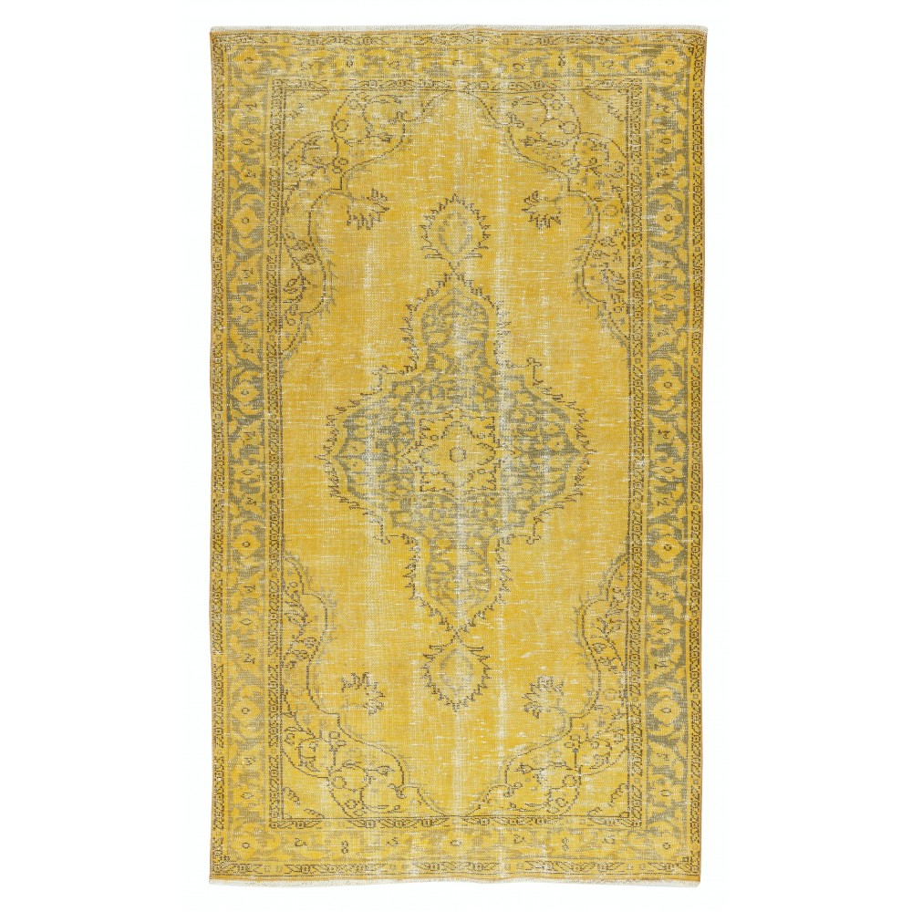 Yellow Overdyed Vintage Turkish Area Rug. Hand-Knotted Wool Carpet for Modern Interiors