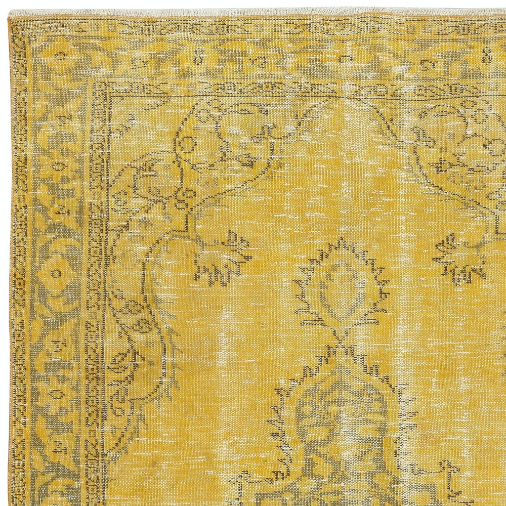 Yellow Overdyed Vintage Turkish Area Rug. Hand-Knotted Wool Carpet for Modern Interiors