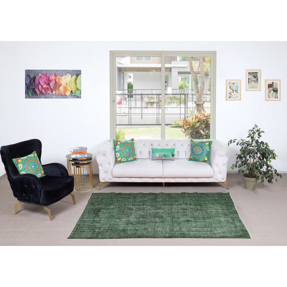 Modern Green Turkish Rug. Vintage Handmade Wool Area Rug Modern Green Turkish Rug. Vintage Handmade Wool Area Rug