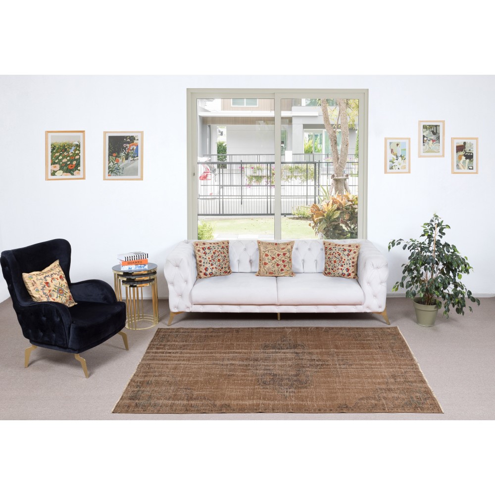 Modern Handmade Turkish Wool Area Rug. Vintage Brown Redyed Carpet for Living Room