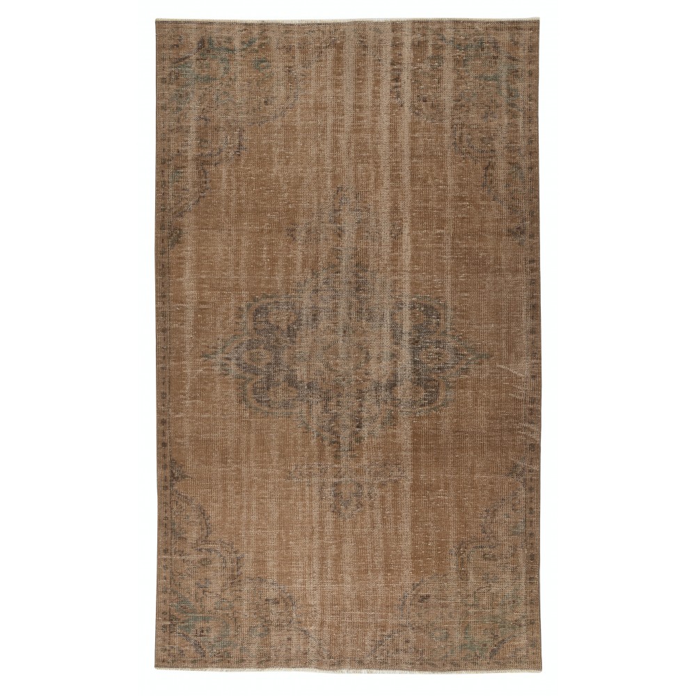 Modern Handmade Turkish Wool Area Rug. Vintage Brown Redyed Carpet for Living Room