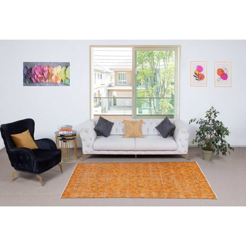Hand-knotted Vintage Turkish Wool Area Rug Overdyed in Orange for Modern Interiors Hand-knotted Vintage Turkish Wool Area Rug Overdyed in Orange for Modern Interiors