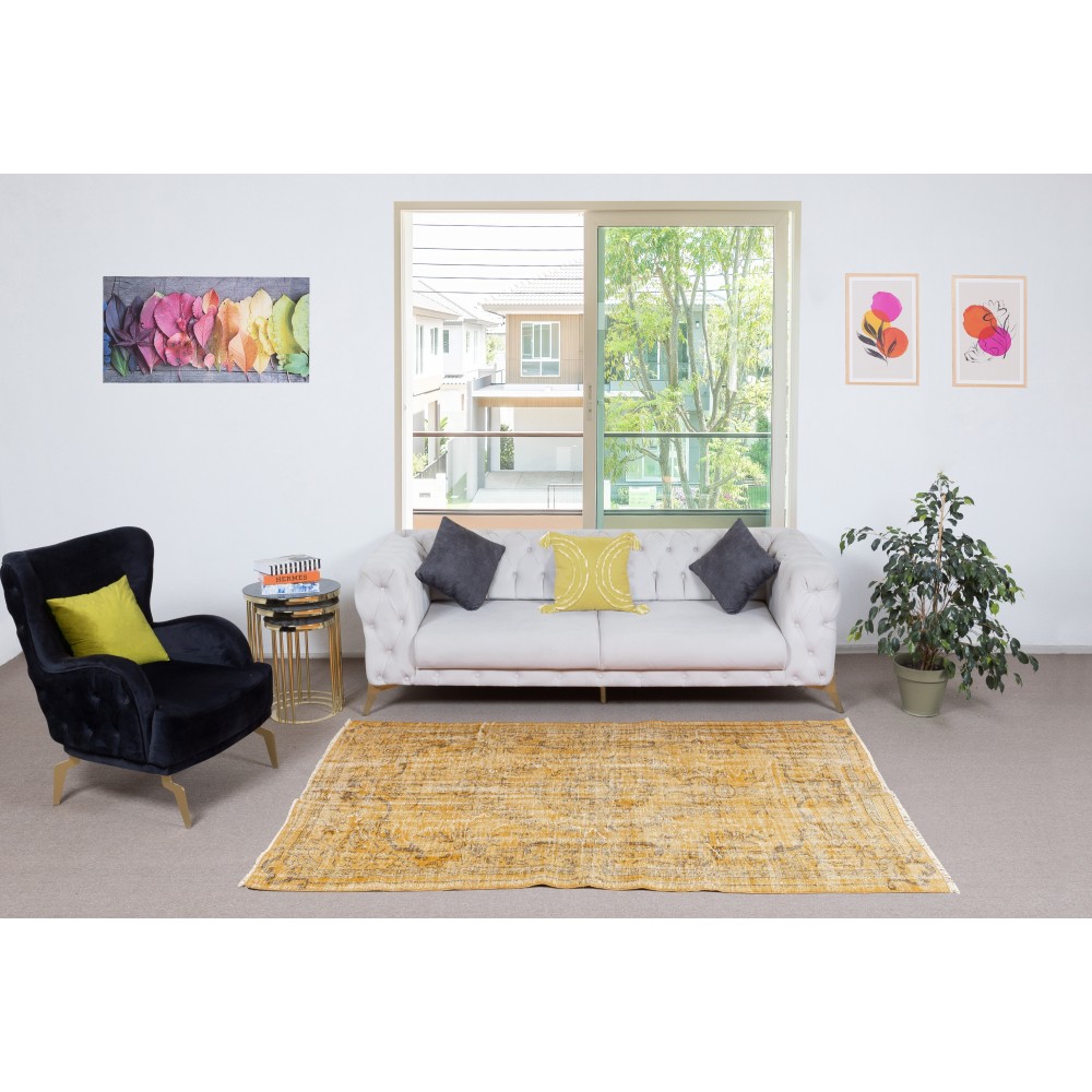 Overdyed Yellow Wool Rug. Handmade Turkish Vintage Area Rug for Living Room Overdyed Yellow Wool Rug. Handmade Turkish Vintage Area Rug for Living Room