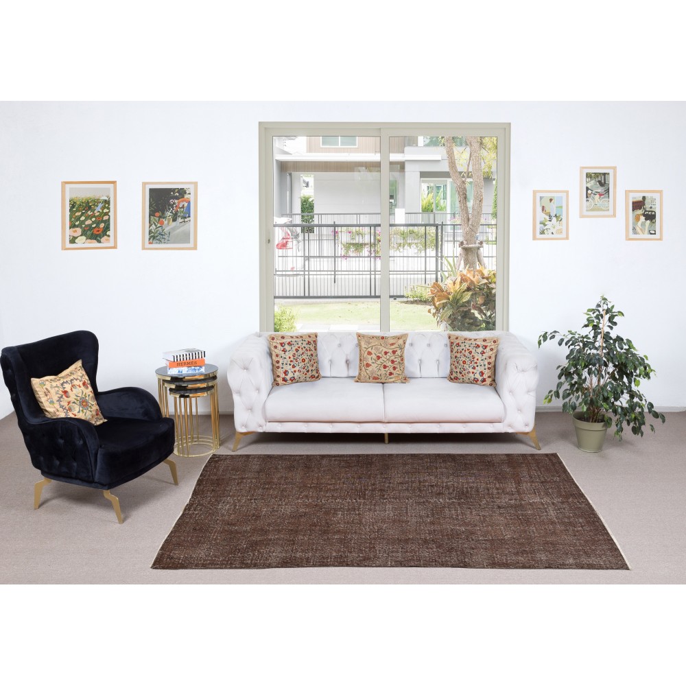Brown Overdyed Vintage Turkish Area Rug. Hand-Knotted Wool Carpet for Modern Interiors