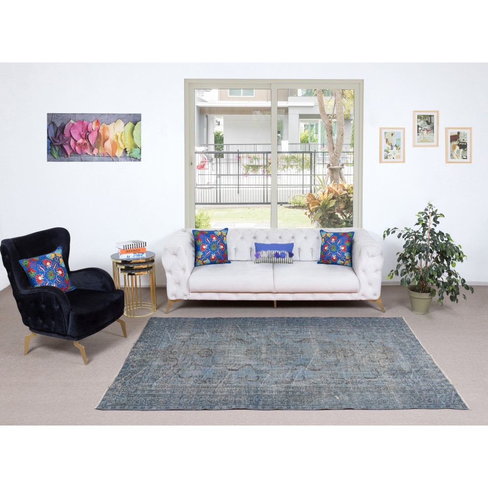 Modern Blue Turkish Rug. Vintage Handmade Wool Area Rug
