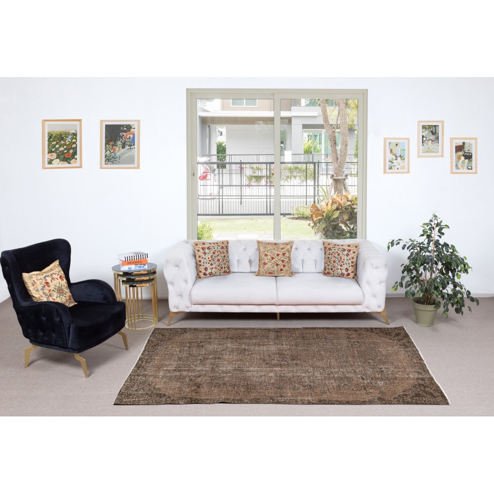 Vintage Handmade Turkish Wool Area Rug Overdyed in Brown for Contemporary Interiors