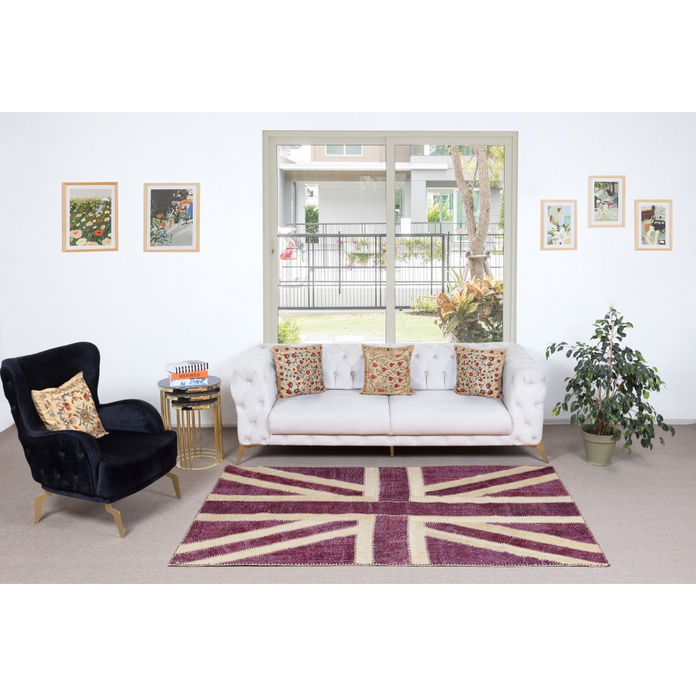 Modern Handmade Patchwork Rug in shades of Pink, Union Jack British Flag Design Carpet