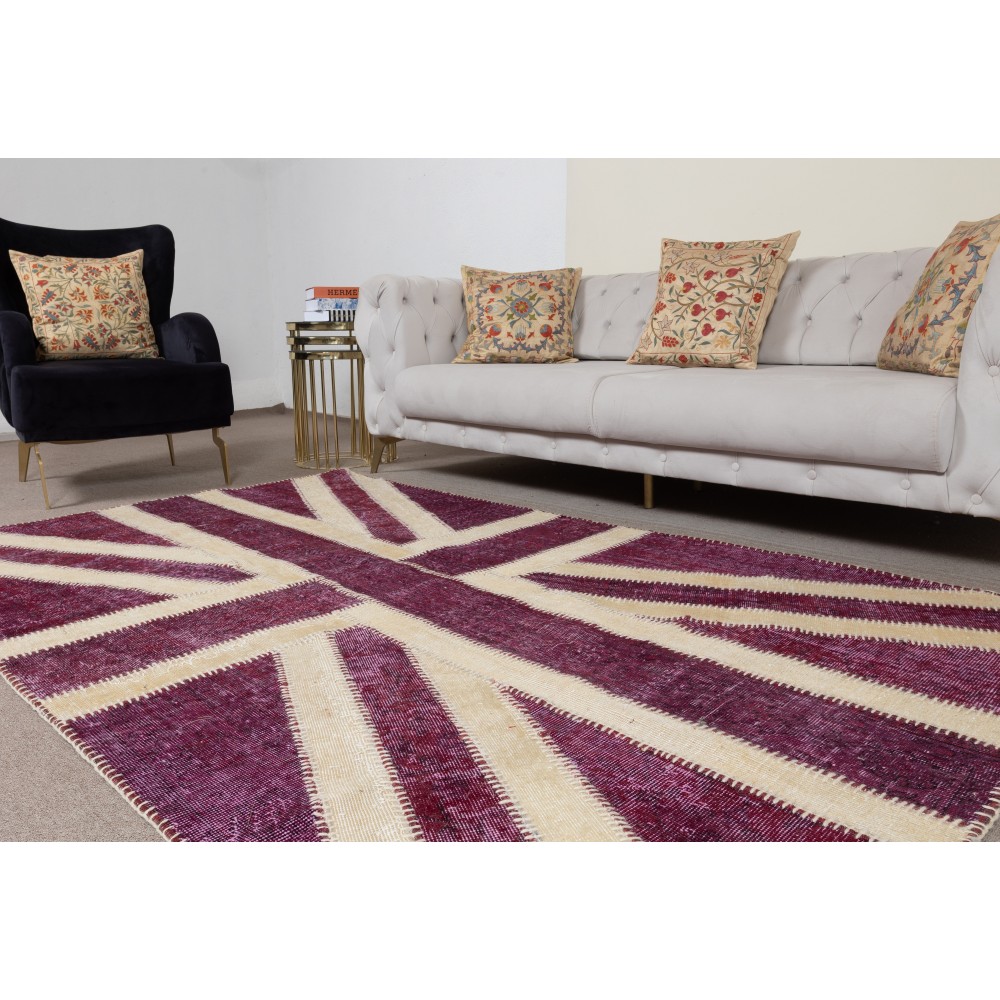 Modern Handmade Patchwork Rug in shades of Pink, Union Jack British Flag Design Carpet