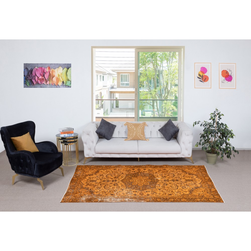 Orange Overdyed Vintage Turkish Area Rug. Hand-Knotted Wool Carpet for Modern Interiors Orange Overdyed Vintage Turkish Area Rug. Hand-Knotted Wool Carpet for Modern Interiors