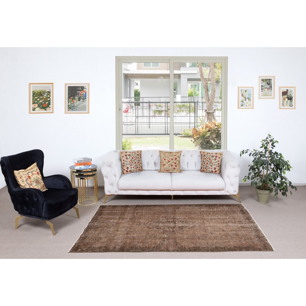 Vintage Brown Wool Area Rug. Handmade Turkish Rug for Contemporary Spaces