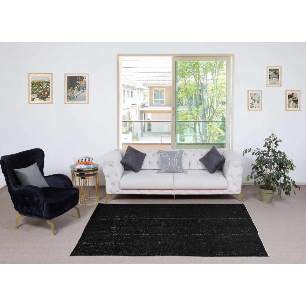 Contemporary Handmade Turkish Wool Area Rug. Vintage Black Redyed Carpet for Living Room Contemporary Handmade Turkish Wool Area Rug. Vintage Black Redyed Carpet for Living Room