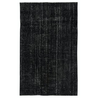Contemporary Handmade Turkish Wool Area Rug. Vintage Black Redyed Carpet for Living Room