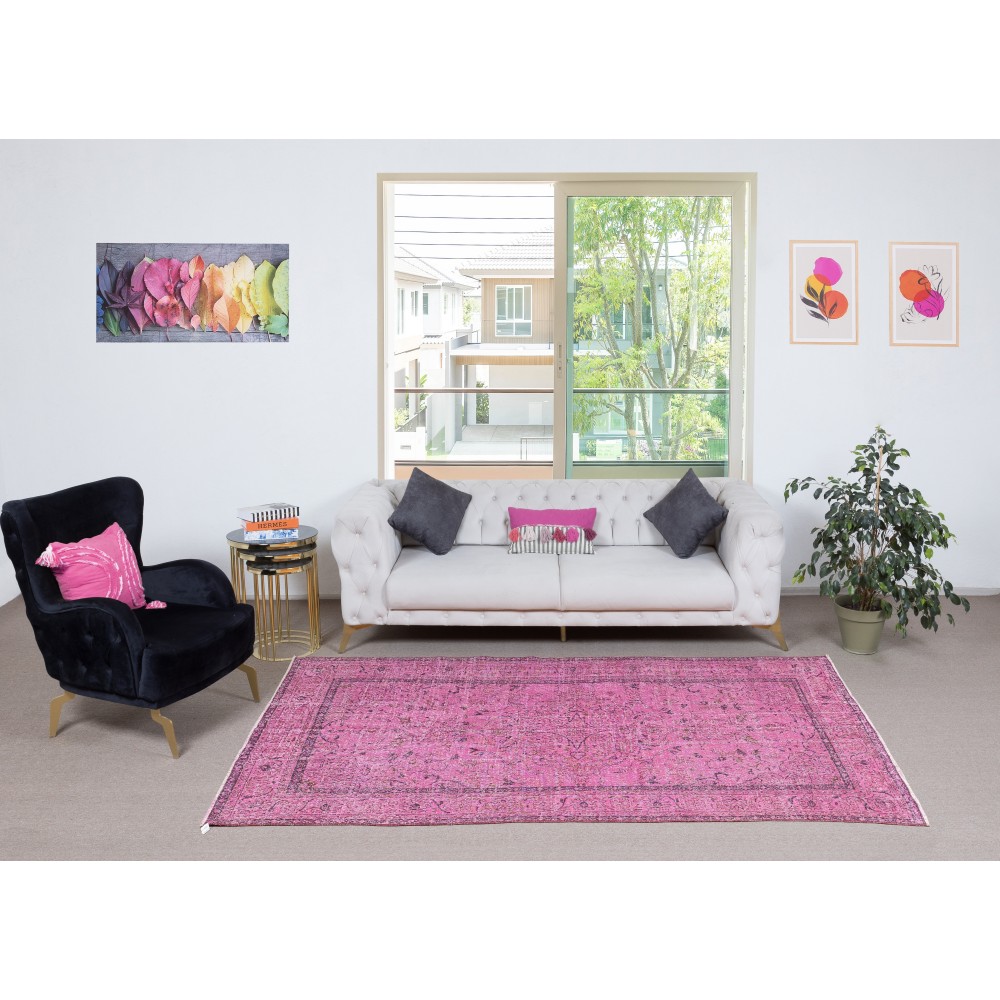 Hand-knotted Vintage Turkish Wool Area Rug Overdyed in Pink for Modern Interiors Hand-knotted Vintage Turkish Wool Area Rug Overdyed in Pink for Modern Interiors