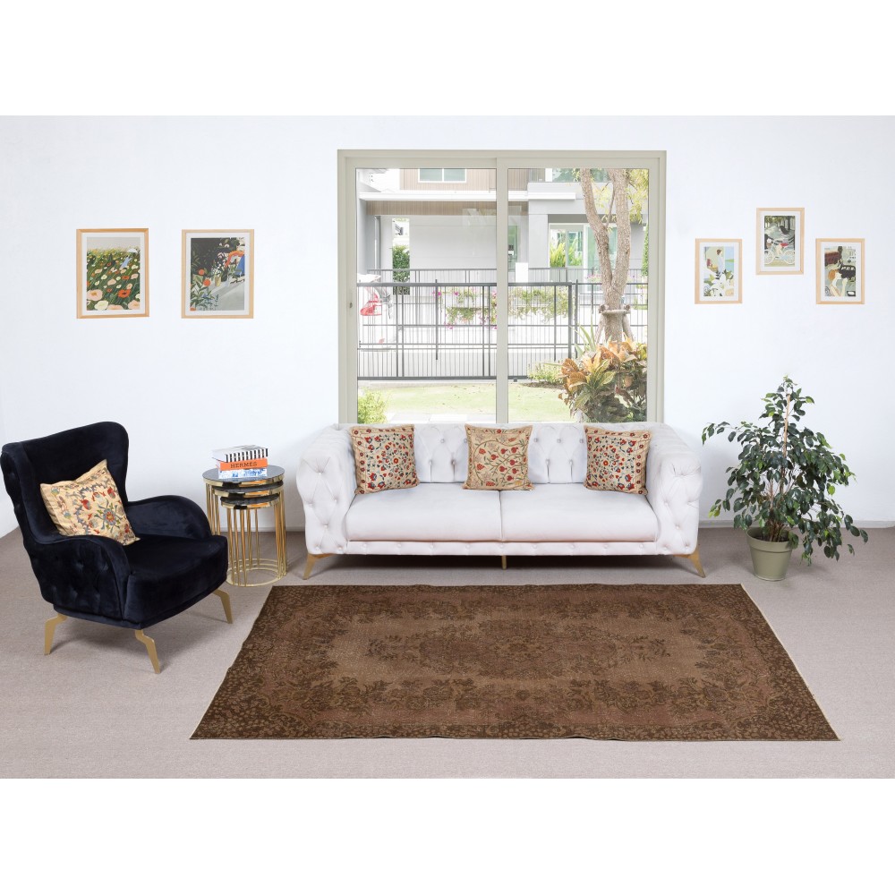 Vintage Handmade Turkish Wool Area Rug Overdyed in Brown color for Contemporary Interiors