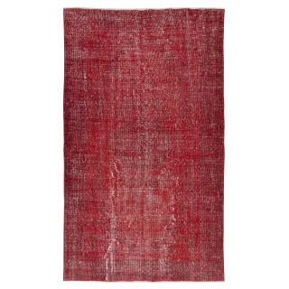 Modern Red Turkish Carpet for Bedroom. Vintage Handmade Wool Area Rug for Living Room