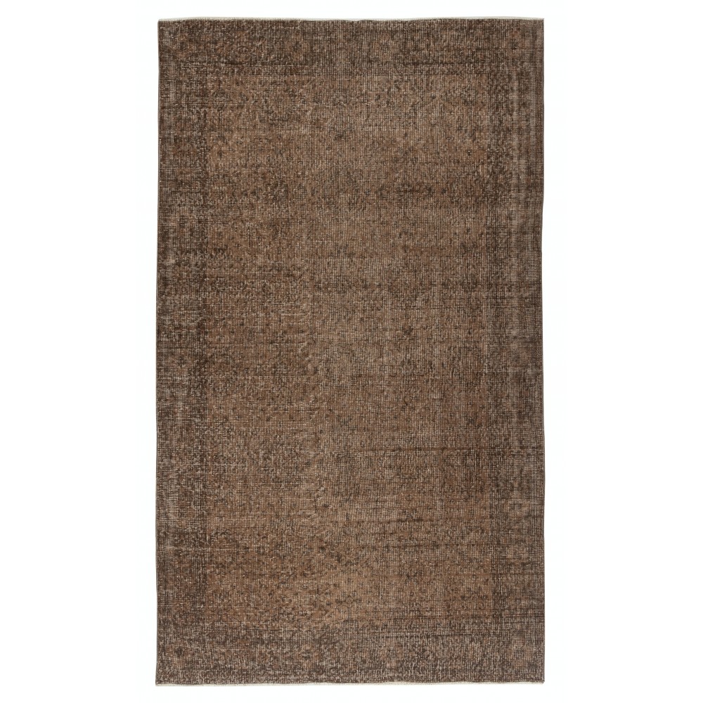 Vintage Wool Area Rug Overdyed in Brown for Modern Interiors. Handmade in Turkey