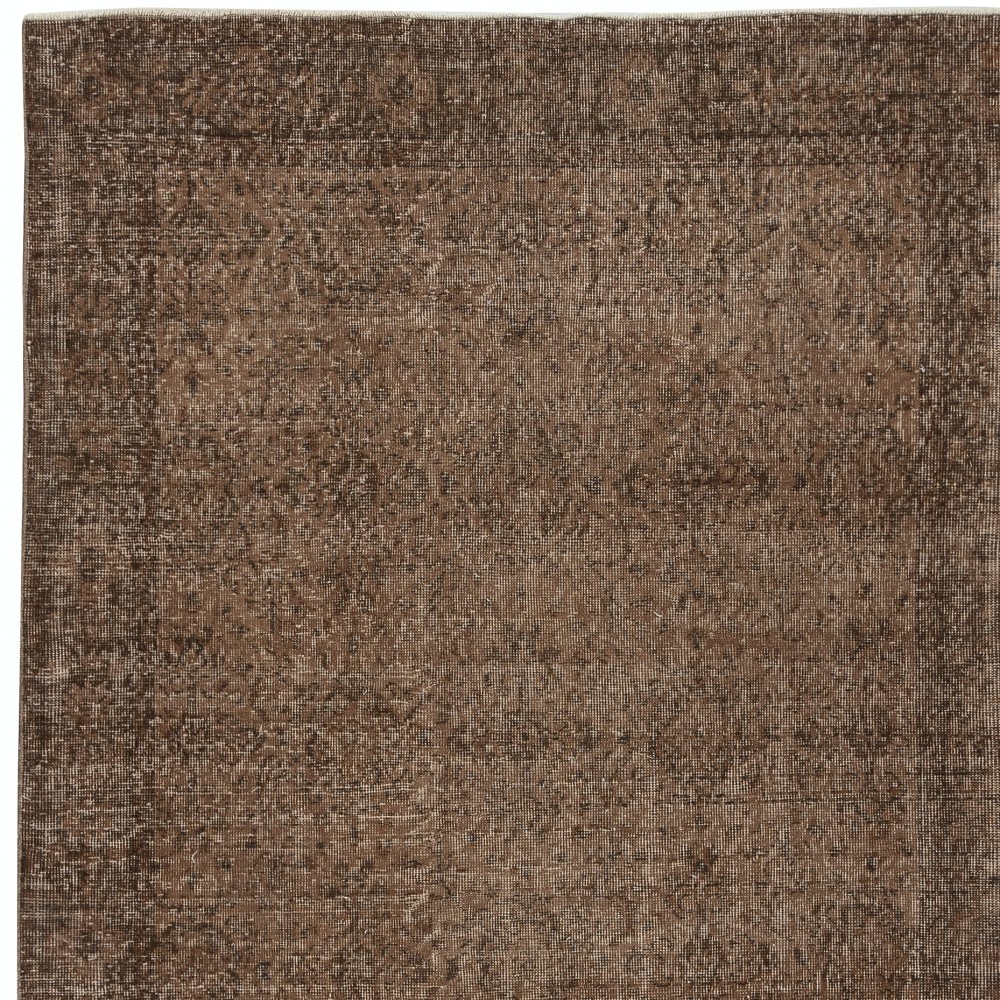 Vintage Wool Area Rug Overdyed in Brown for Modern Interiors. Handmade in Turkey