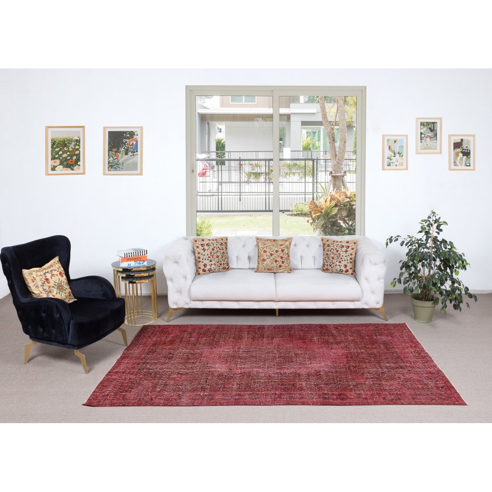 Red Overdyed Vintage Area Rug, Handwoven and Handknotted in Turkey for Contemporary Interiors Red Overdyed Vintage Area Rug, Handwoven and Handknotted in Turkey for Contemporary Interiors
