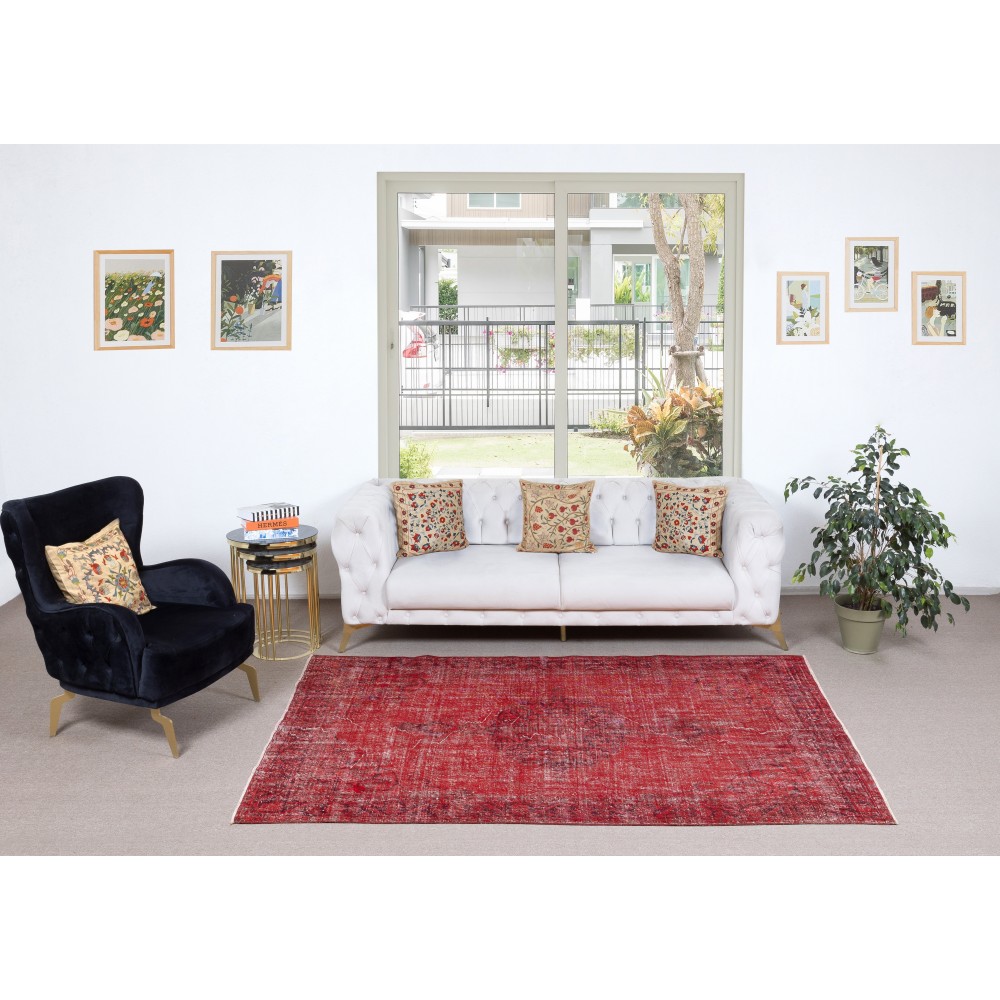 Red Overdyed Handmade Wool Rug. Vintage Turkish Area Rug for Living Room Red Overdyed Handmade Wool Rug. Vintage Turkish Area Rug for Living Room