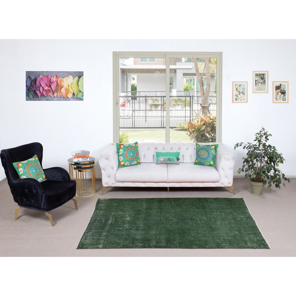 Green Overdyed Vintage Turkish Area Rug. Hand-Woven and Hand-Knotted Wool Carpet for Modern Interiors Green Overdyed Vintage Turkish Area Rug. Hand-Woven and Hand-Knotted Wool Carpet for Modern Interiors