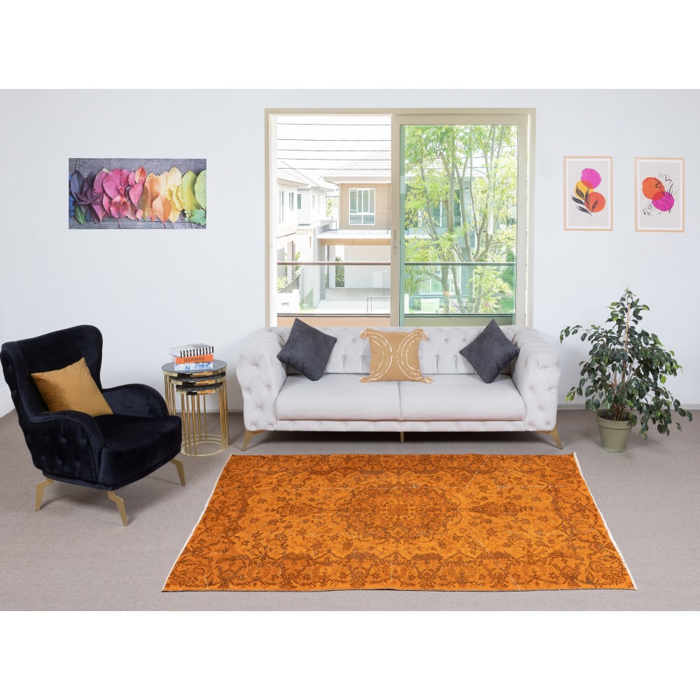 Orange Redyed Vintage Area Rug for Modern Interiors. Handknotted and Handwoven in Turkey Orange Redyed Vintage Area Rug for Modern Interiors. Handknotted and Handwoven in Turkey