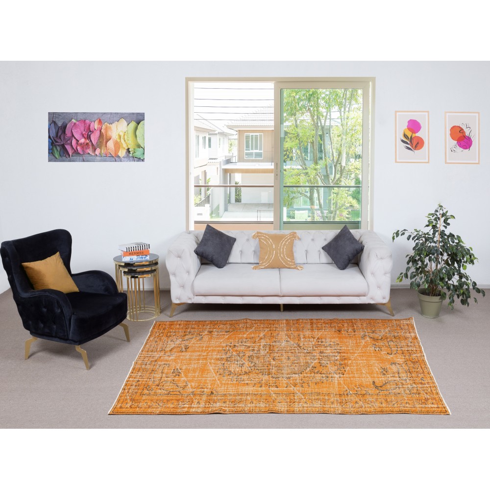 Vintage Wool Area Rug Overdyed in Orange for Contemporary Interiors. Hand-knotted in Turkey Vintage Wool Area Rug Overdyed in Orange for Contemporary Interiors. Hand-knotted in Turkey