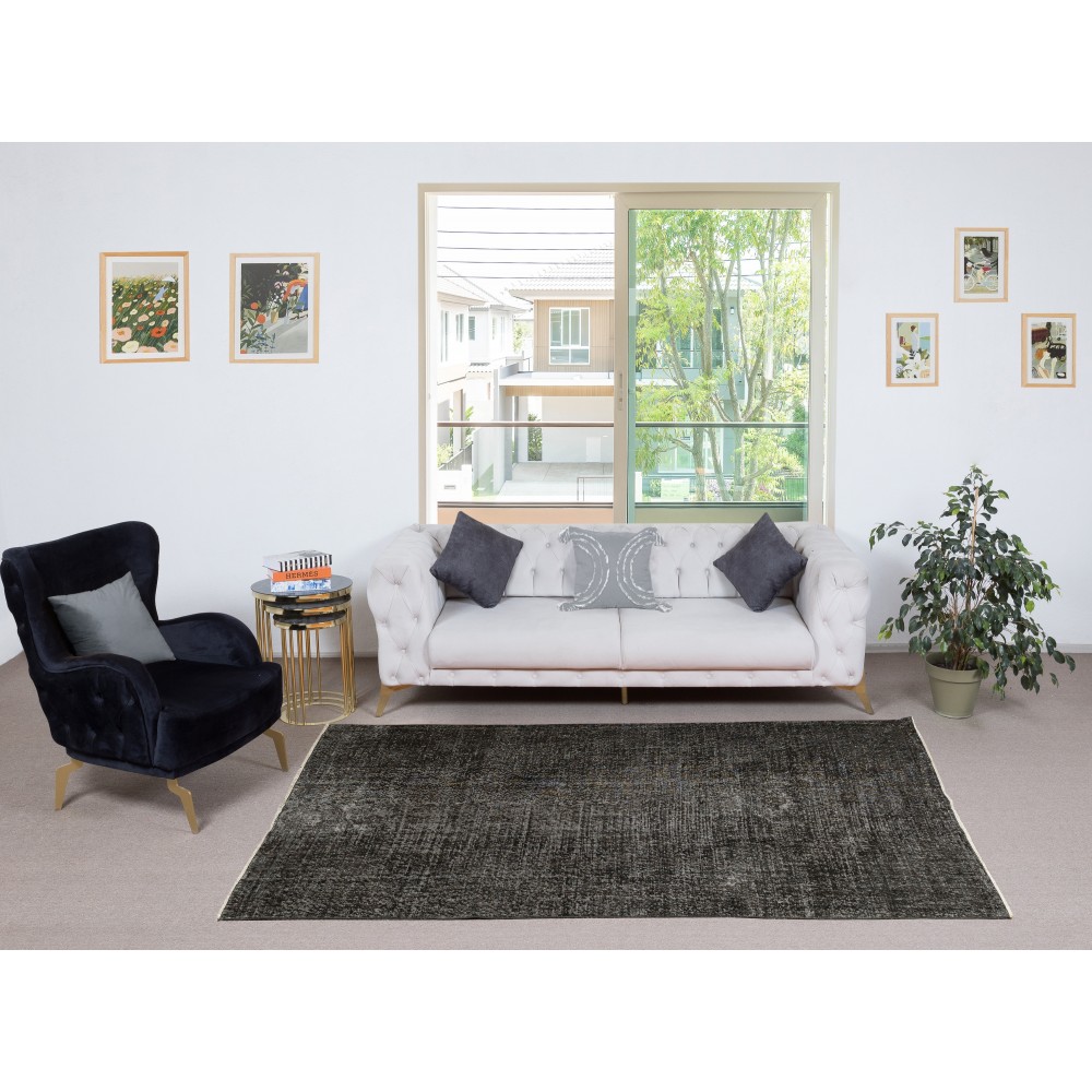 Vintage Handmade Turkish Wool Area Rug Overdyed in Black for Contemporary Interiors Vintage Handmade Turkish Wool Area Rug Overdyed in Black for Contemporary Interiors