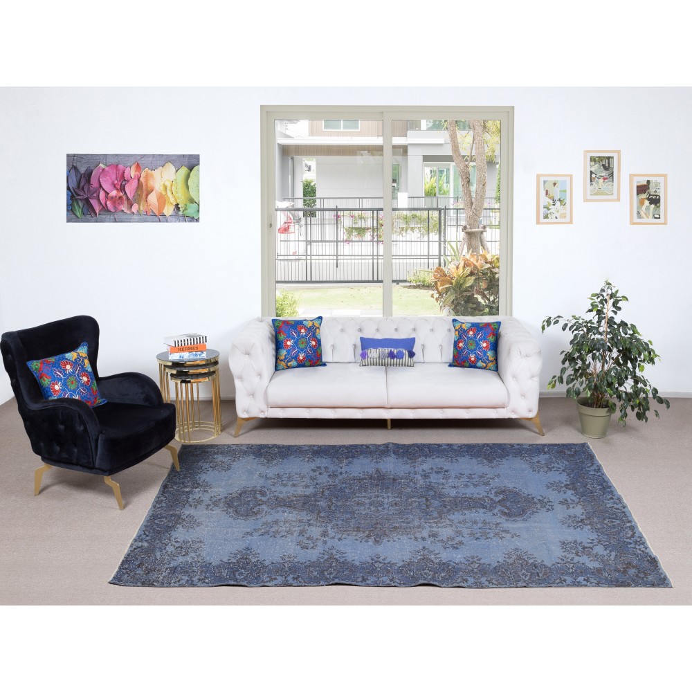 Blue Overdyed Vintage Turkish Area Rug. Hand-Knotted Wool Carpet for Modern Interiors