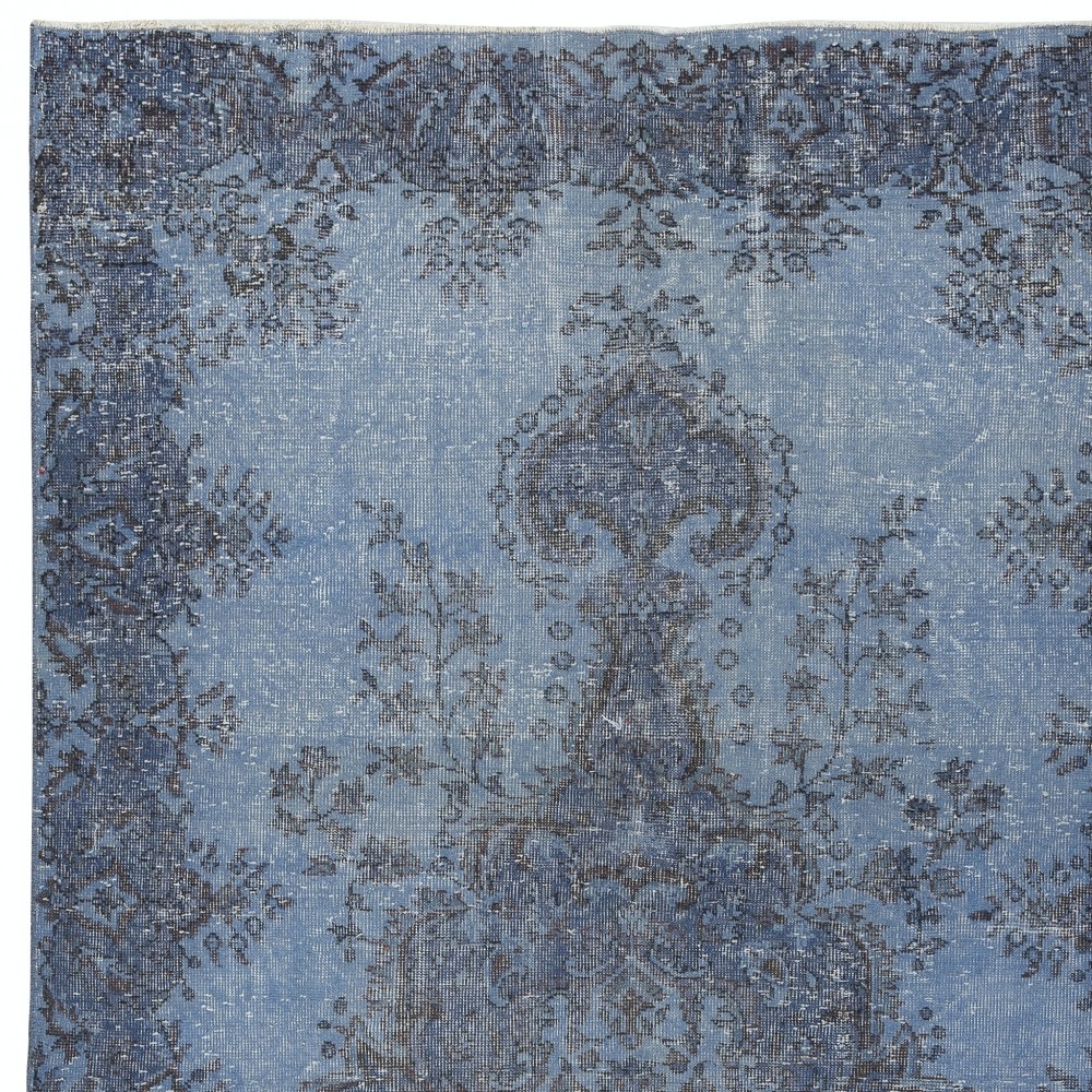 Blue Overdyed Vintage Turkish Area Rug. Hand-Knotted Wool Carpet for Modern Interiors