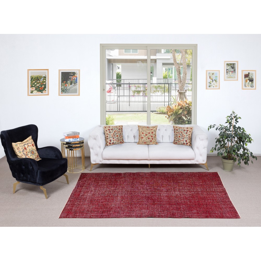 Vintage Wool Area Rug Overdyed in Red for Contemporary Interiors. Hand-knotted in Turkey Vintage Wool Area Rug Overdyed in Red for Contemporary Interiors. Hand-knotted in Turkey
