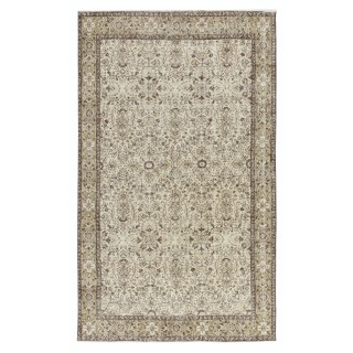 Vintage Floral Design Wool Rug. Beige Handmade Turkish Area Rug for Farmhouse Decor