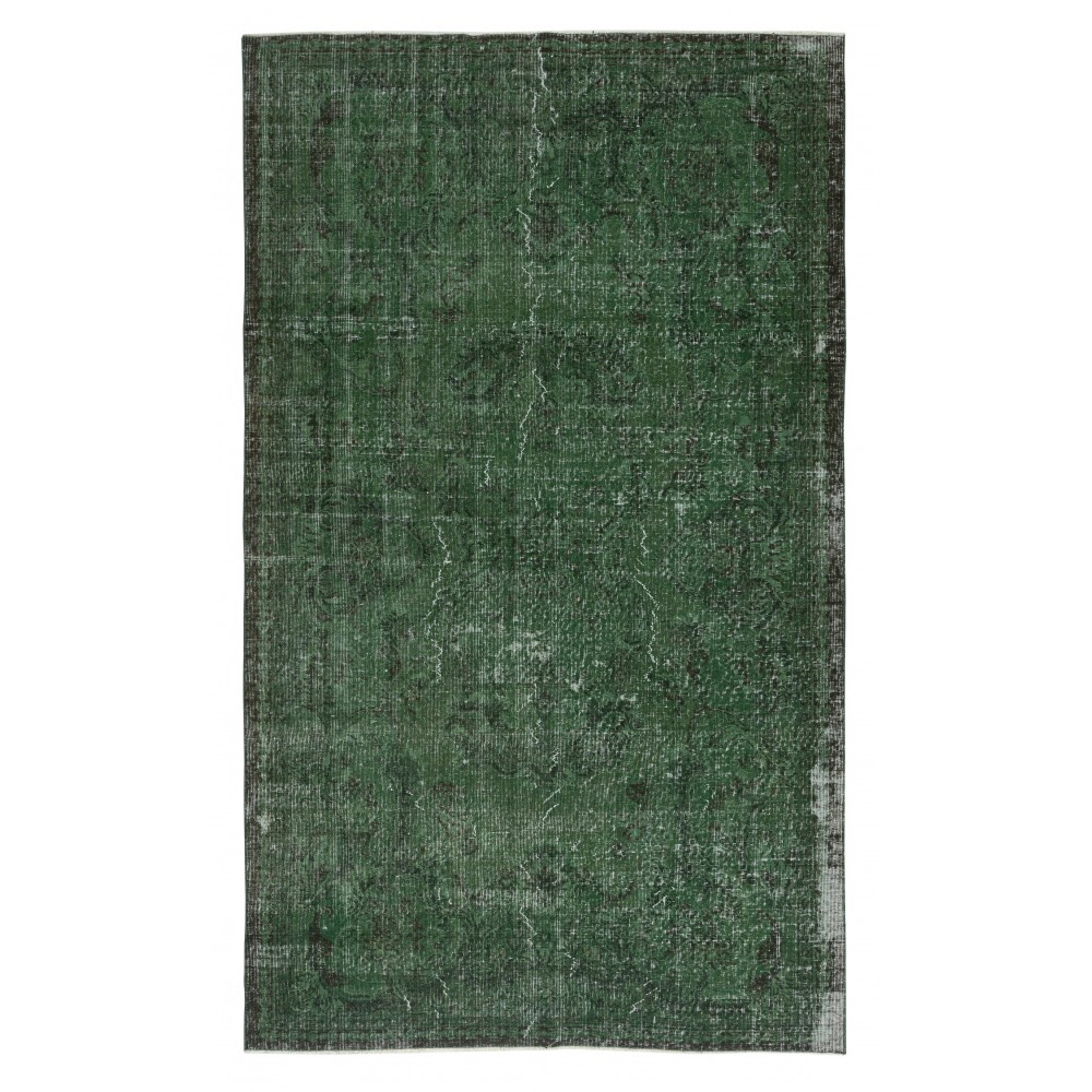 Distressed Vintage Handmade Turkish Wool Area Rug Overdyed in Green for Contemporary Interiors Distressed Vintage Handmade Turkish Wool Area Rug Overdyed in Green for Contemporary Interiors