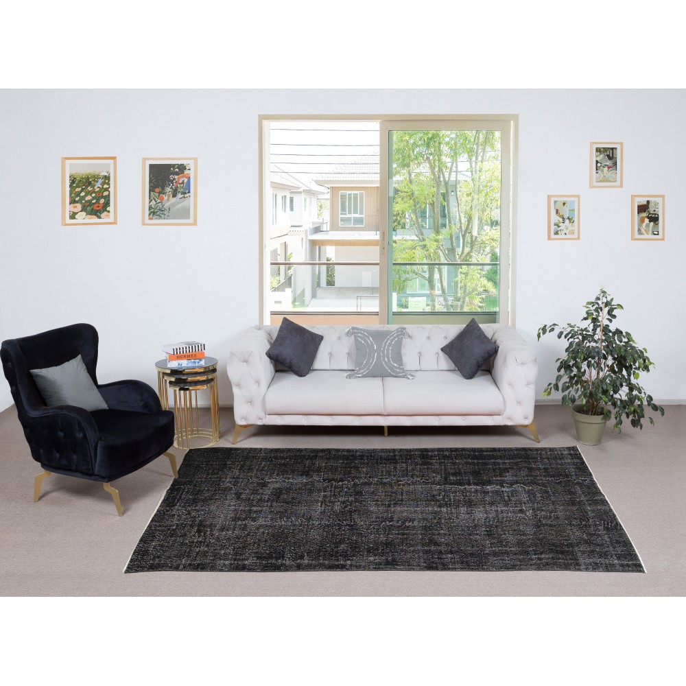 Modern Handmade Turkish Wool Area Rug. Vintage Black Redyed Carpet for Living Room Modern Handmade Turkish Wool Area Rug. Vintage Black Redyed Carpet for Living Room
