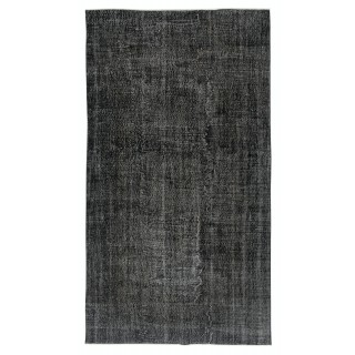 Modern Handmade Turkish Wool Area Rug. Vintage Black Redyed Carpet for Living Room