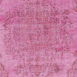 Vintage Handmade Turkish Wool Area Rug Overdyed in Pink for Contemporary Interiors