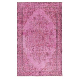 Vintage Handmade Turkish Wool Area Rug Overdyed in Pink for Contemporary Interiors