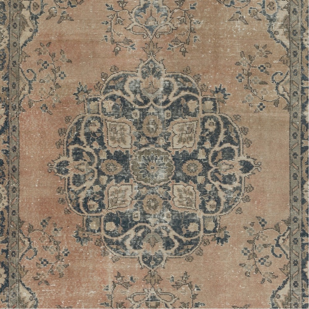 Vintage Handmade Turkish Wool Area Rug with Medallion Design for Living Room