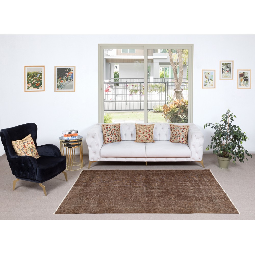 Overdyed Brown Wool Rug. Handmade Turkish Vintage Area Rug for Living Room