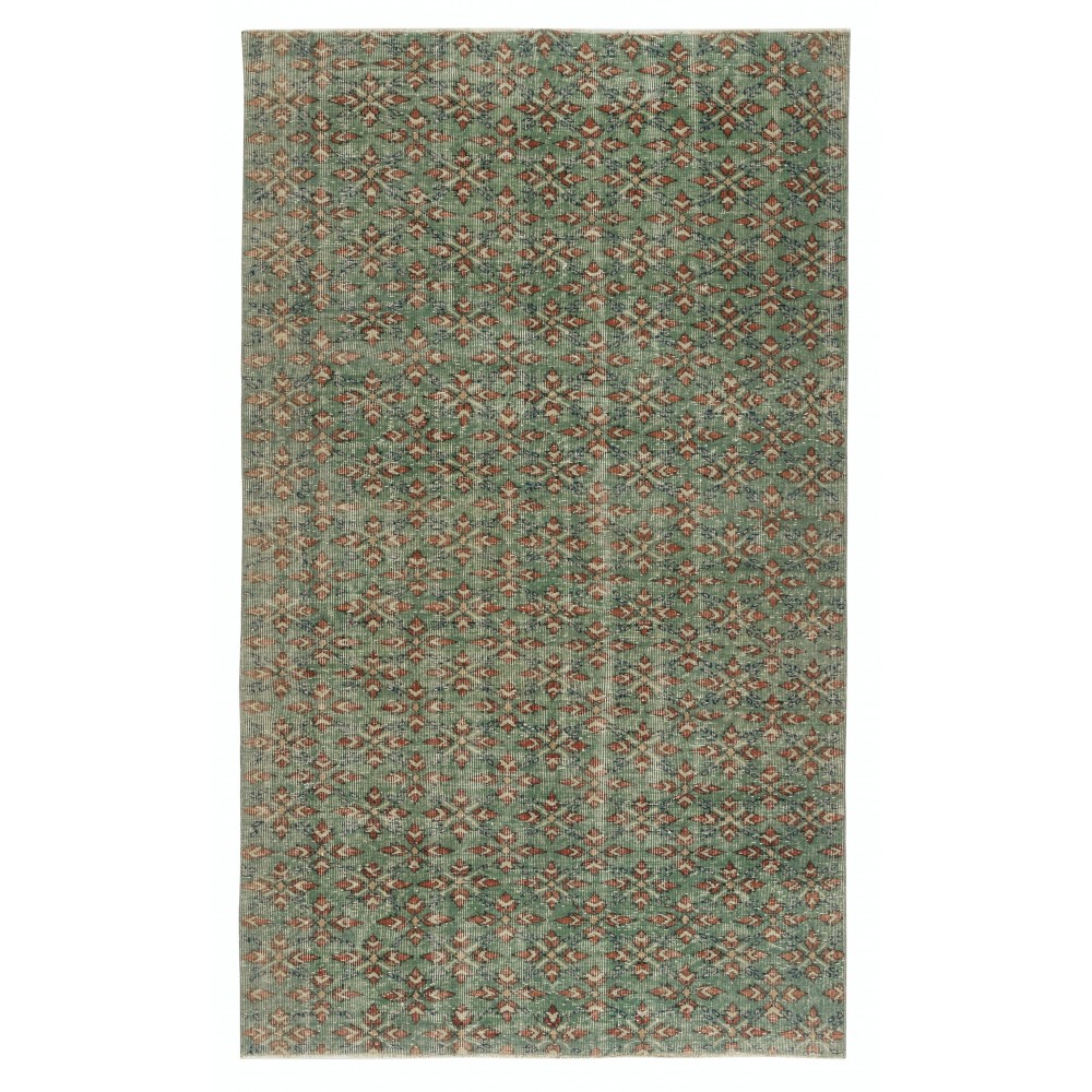 Vintage Floral Design Area Rug in Green Color, Hand-knotted in Turkey