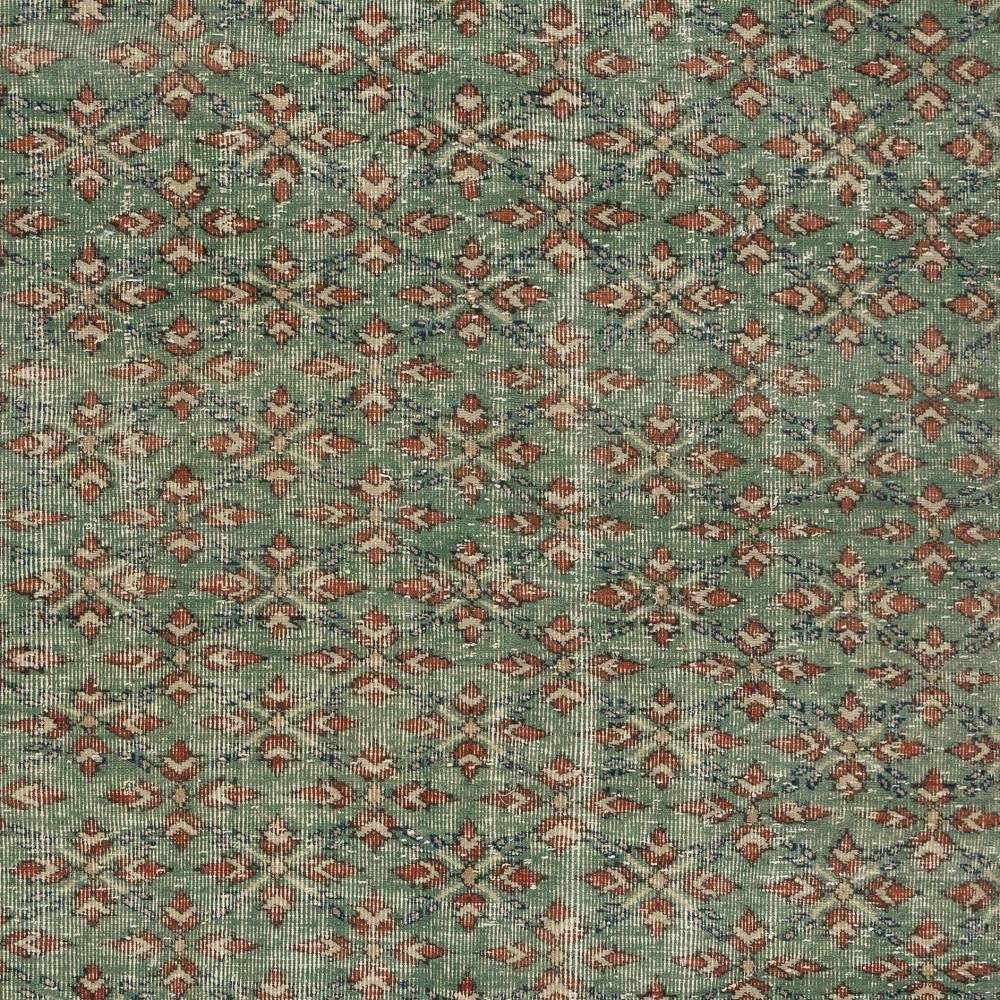 Vintage Floral Design Area Rug in Green Color, Hand-knotted in Turkey