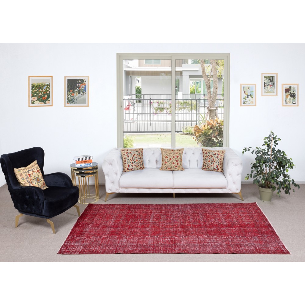 Red Overdyed Vintage Area Rug, Handwoven and Handknotted in Turkey for Modern Interiors Red Overdyed Vintage Area Rug, Handwoven and Handknotted in Turkey for Modern Interiors