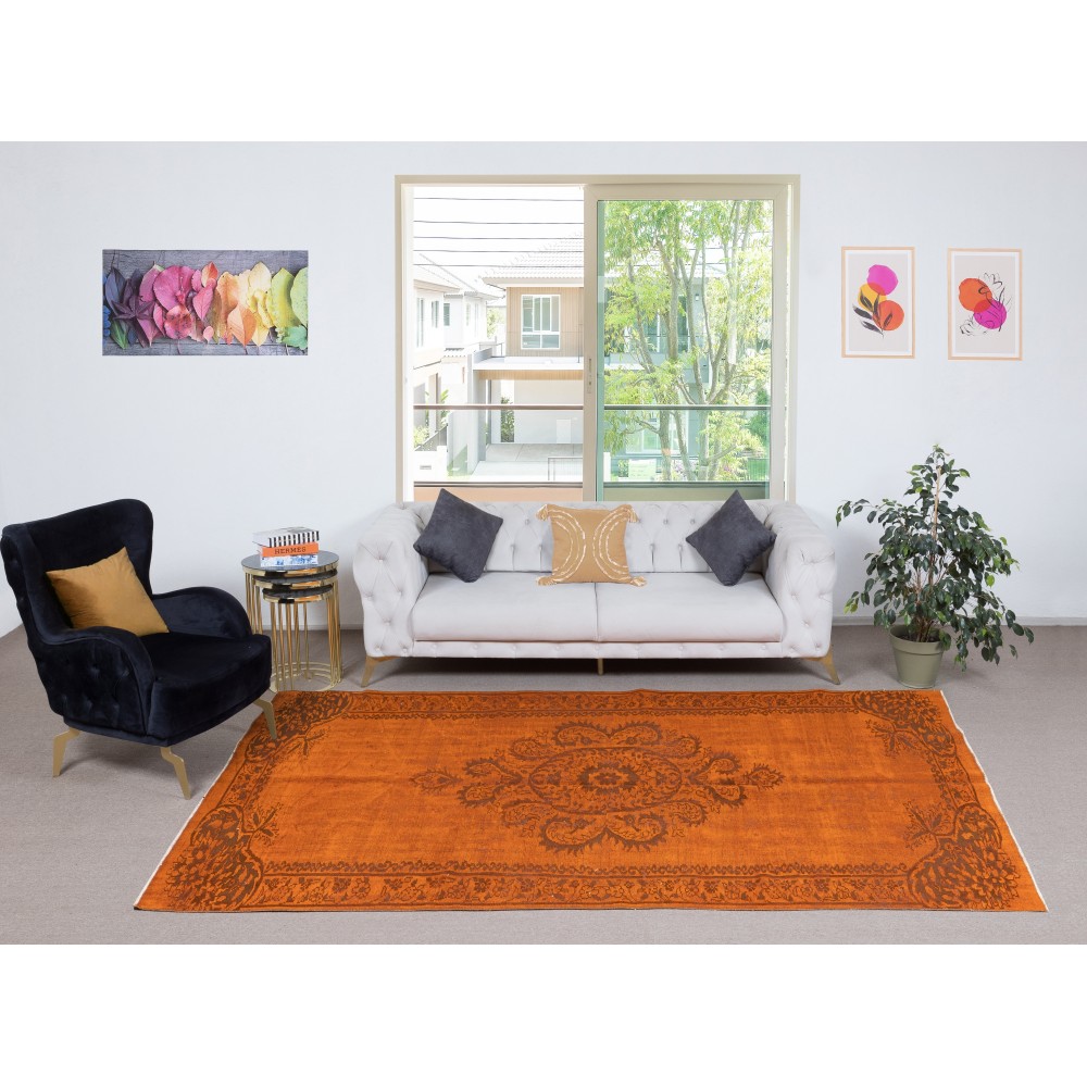 Handmade Turkish Wool Area Rug. Vintage Overdyed Orange Rug for Modern Home Handmade Turkish Wool Area Rug. Vintage Overdyed Orange Rug for Modern Home