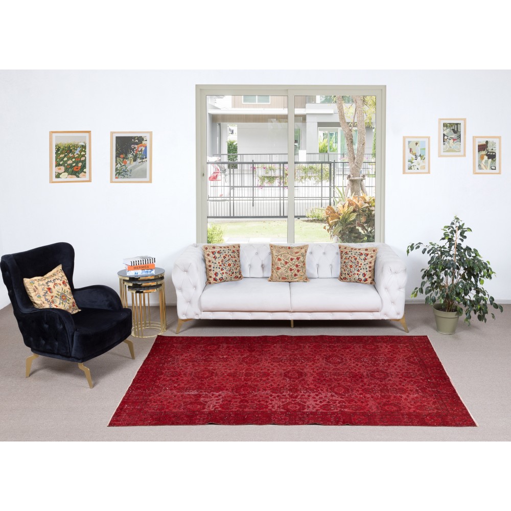 Red Handmade Turkish Area Rug. Vintage Floral Design Carpet
