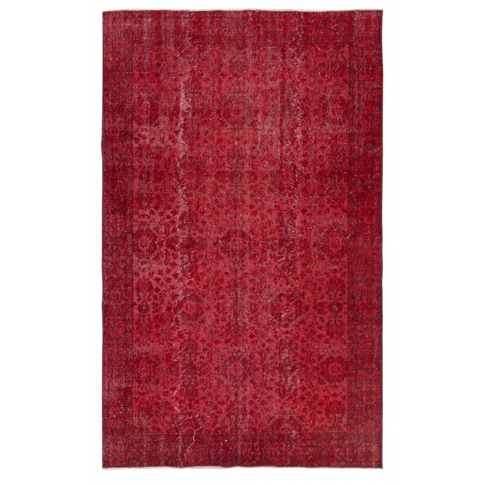 Red Handmade Turkish Area Rug. Vintage Floral Design Carpet