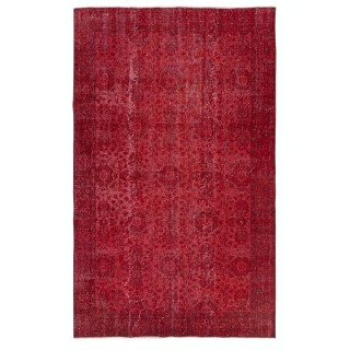 Red Handmade Turkish Area Rug. Vintage Floral Design Carpet