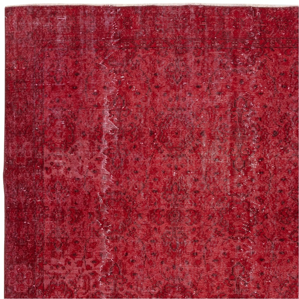 Red Handmade Turkish Area Rug. Vintage Floral Design Carpet