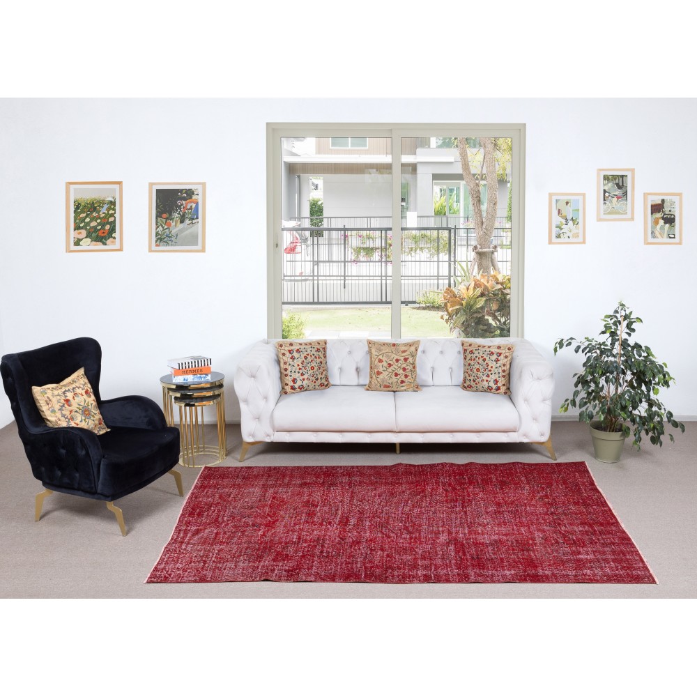 Modern Turkish Wool Rug. Vintage Red Overdyed Handmade Area Rug
