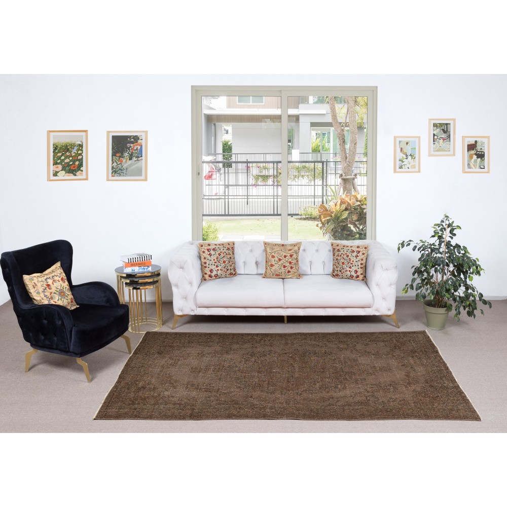 Vintage Wool Area Rug Overdyed in Brown for Modern Interiors. Handmade in Turkey
