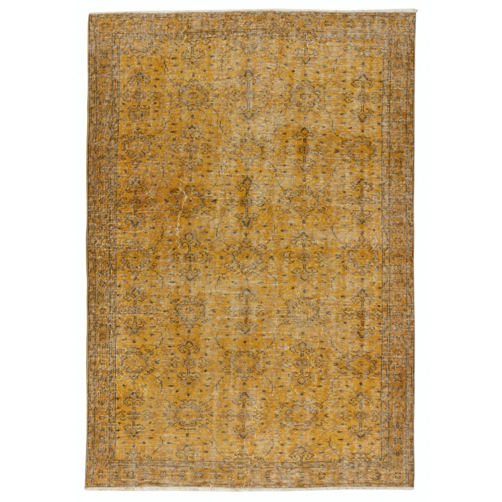 Hand-knotted Vintage Turkish Wool Area Rug Overdyed in Yellow for Modern Interiors
